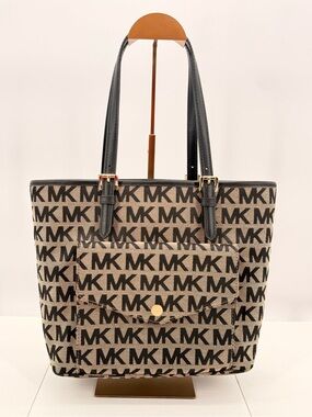 MICHAEL KORS Large Logo Print Tote Bag Black Beige